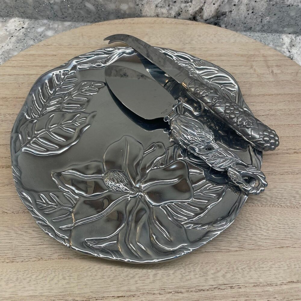 Arthur Court Cast Aluminum Floral Plate with Lenox & Stainless Cutting Utensils